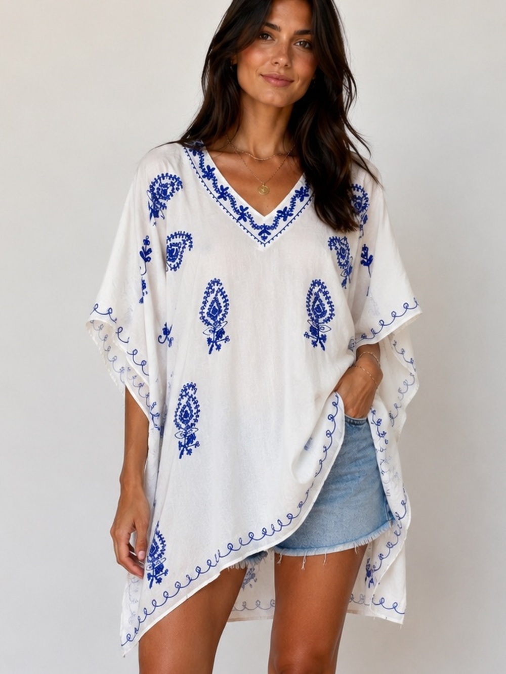 603.NEW Embroidered  %100   Cotton Tunic with Blue Paisley
